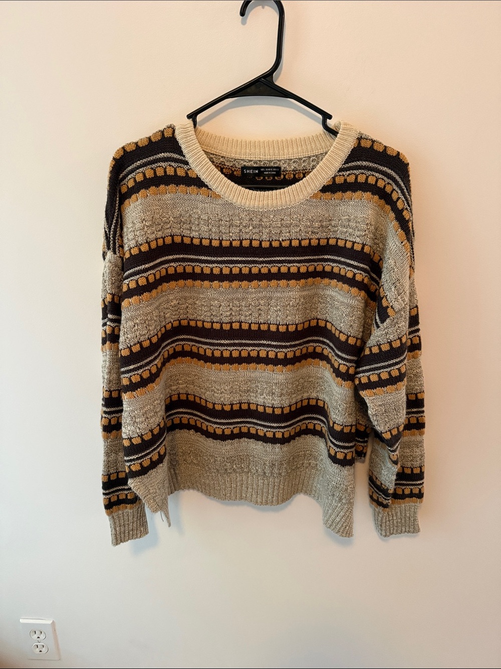 SHEIN Cream Brown Mustard Striped Crew Neck Sweater